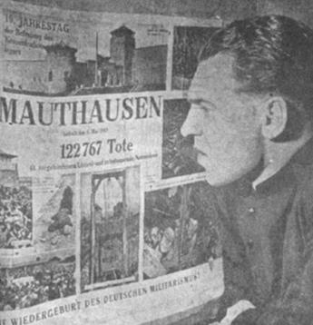 HALF-TRUTHS are sometimes more dangerous than lies,”, says Rev Ludvik Svetinsky, an escapee from Czechoslovakia now assistant pastor of St. Mary’s and St. Mark’s churches at Park River and Conway. “It is true,”, he says, that the Nazi camp of Mauthausen was one of the worst torture camps in history. But the Communist propaganda against German militarism is dishonest because the Communists in Czechoslovakia and other countries have extermination camps like Jachzmov that are equal to Mauthausen. This poster is anti-fascist propaganda of the Communist party. Such accusations by the Communists are half-truths because their own methods are exactly the same and their ideology is even more hostile to religion.” Father Svetinsky was in the Nazi death camp at Mauthausen 23 months because he had taken part in a meeting celebrating the fall of Stalingrad.